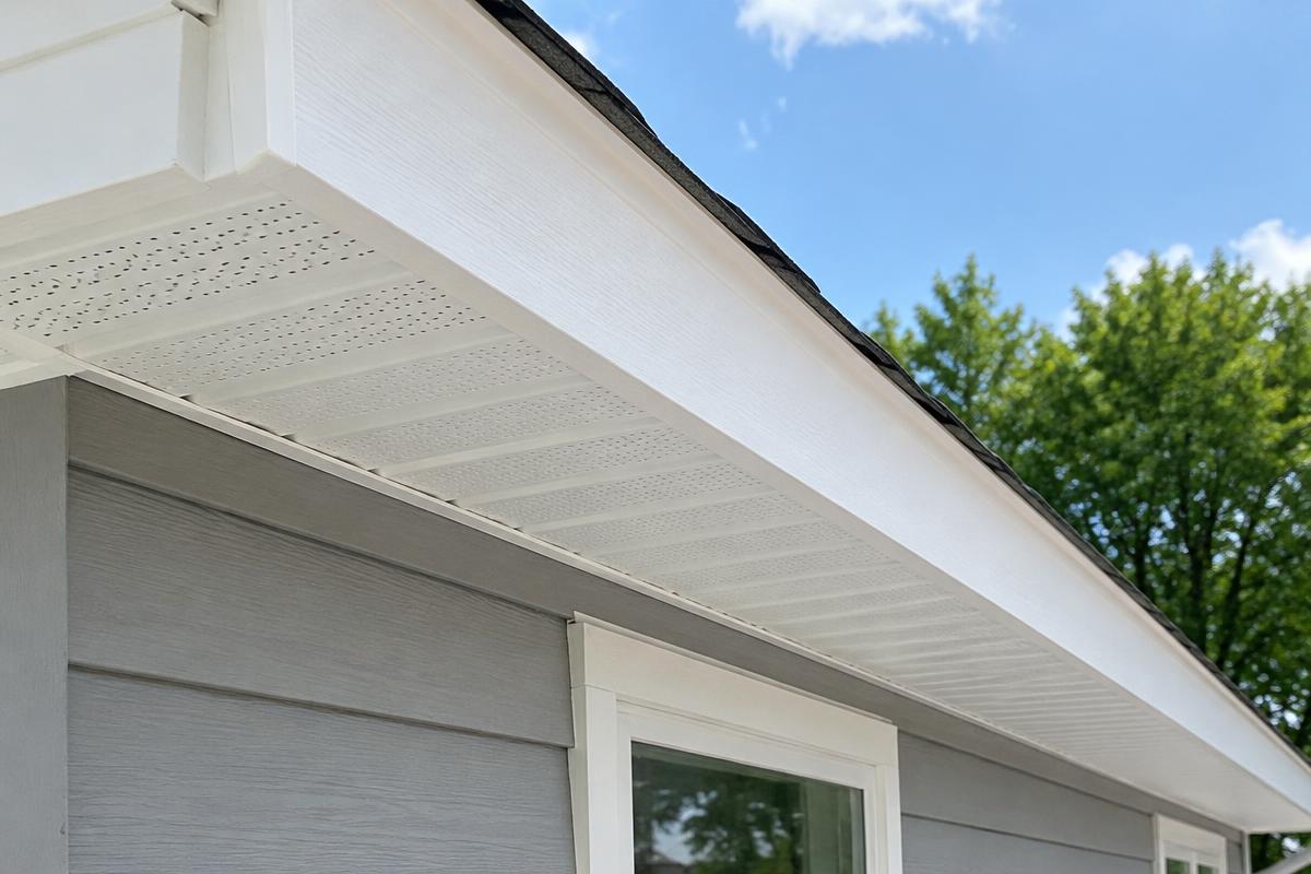 New white fascia board and vented soffit along a roofline