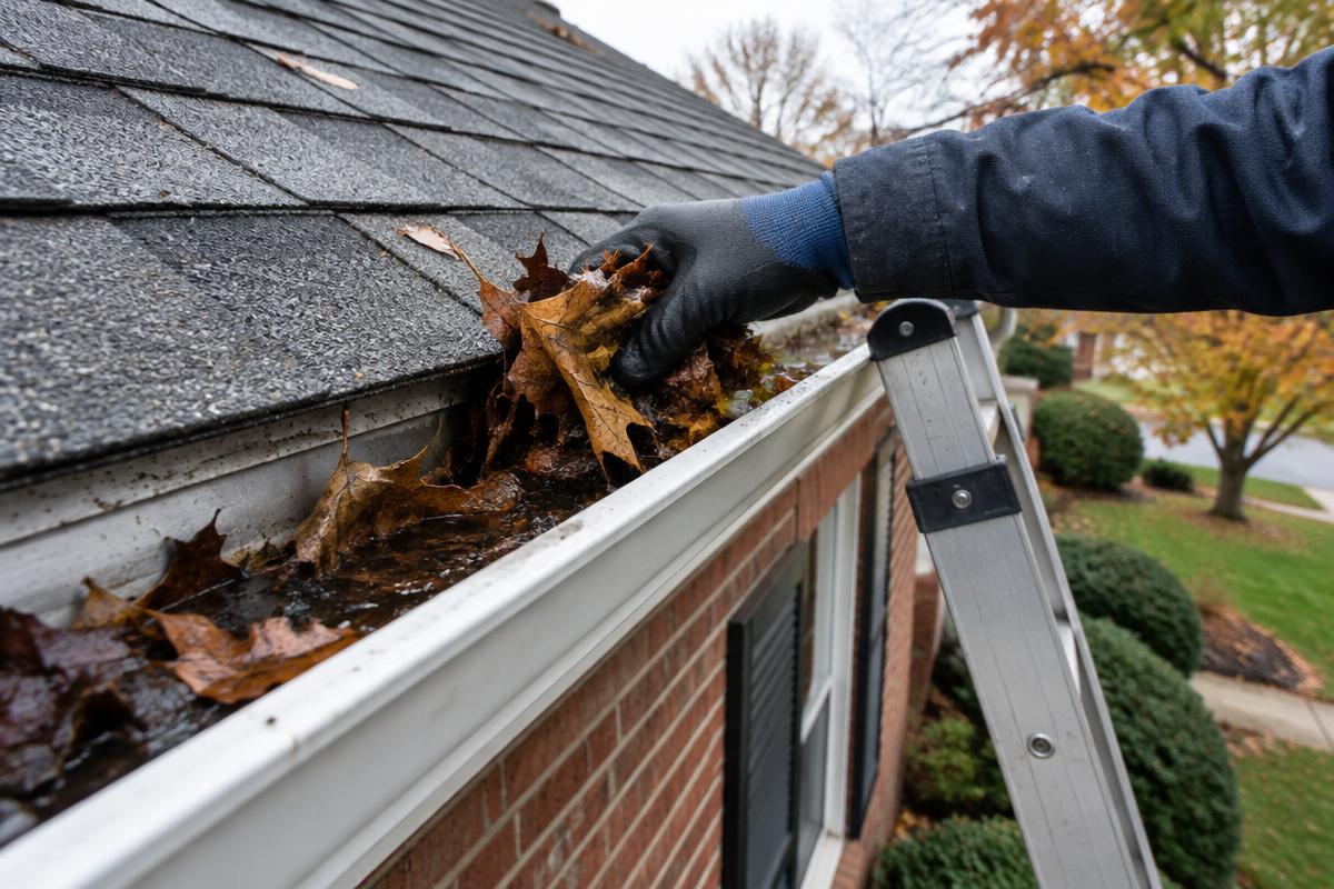 Gloved hand clearing wet autumn leaves out of a gutter on a brick home