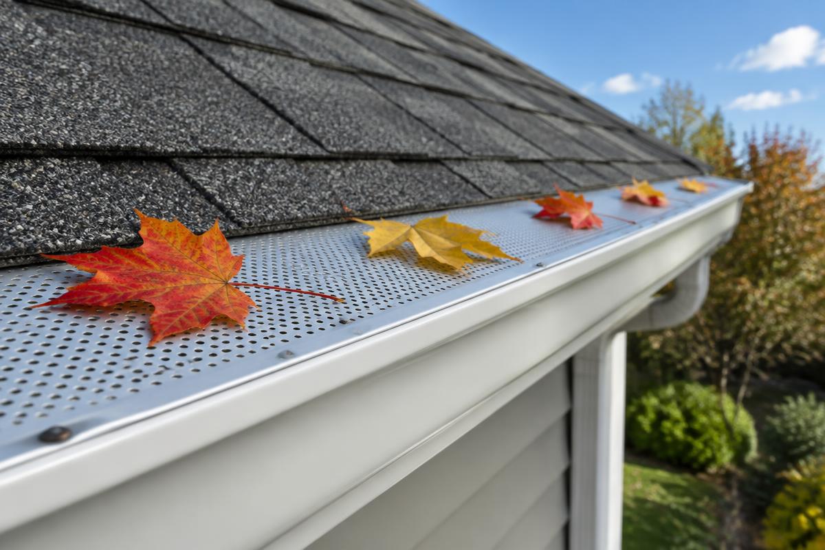 Perforated aluminum gutter guard on a K-style gutter with autumn leaves resting on top