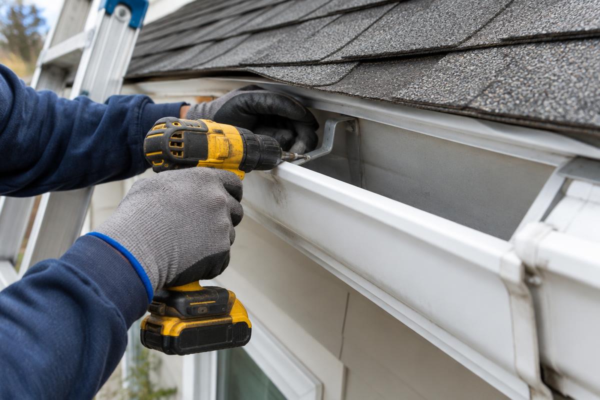 Re-securing a gutter hanger bracket with a cordless drill