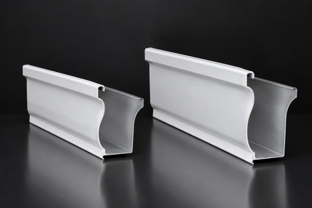 5-inch and 6-inch white aluminum K-style seamless gutter profiles side by side